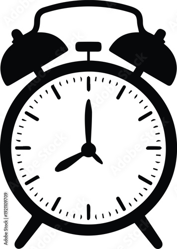 Minimalist black alarm clock with twin bells silhouette vector icon