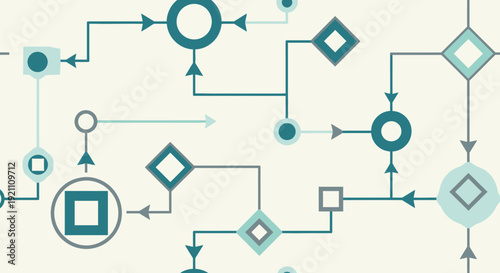 Abstract seamless background pattern with interconnected geometric shapes and arrows, representing a data flow or network system