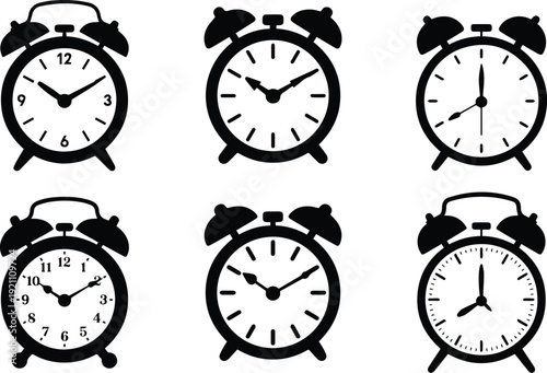 Set of Minimalist black alarm clock with twin bells silhouette vector icon