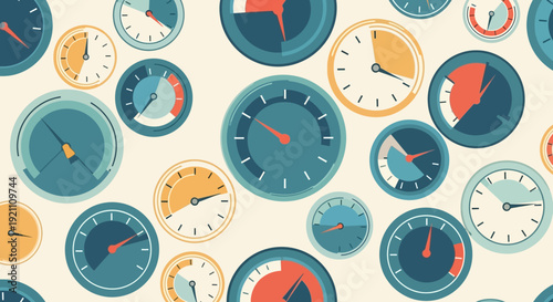 A dynamic collage of various clocks and gauges illustrating the concept of time management, productivity, and urgency