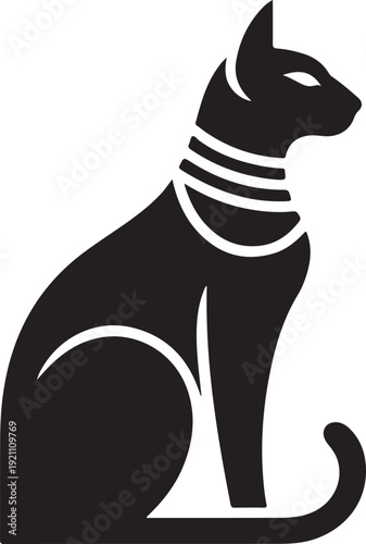 Minimalist black and white of an ancient Egyptian cat deity with a headdress