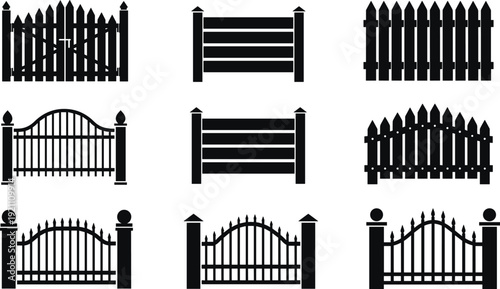 Black vector silhouette set of various garden fences and decorative gates for backyard security home exterior and residential boundary branding, cad drawing flat vector illustration