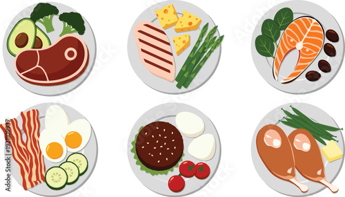 Plates of food with meat vegetables and dairy products