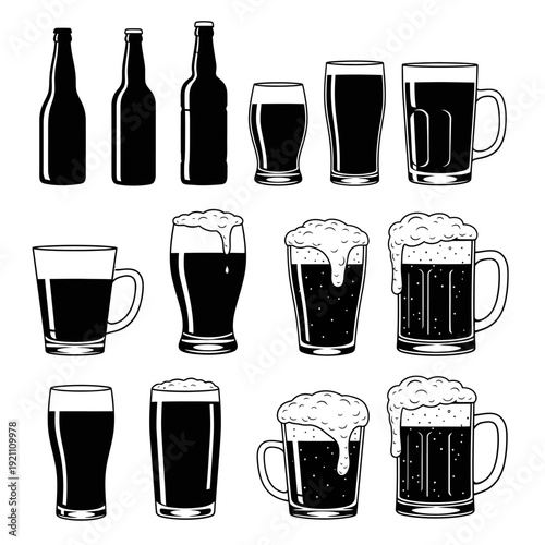 Collection of black and white illustrations depicting various beer glasses