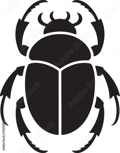 Minimalist black and white scarab beetle with symmetrical wings and segmented body insect