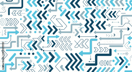 Abstract pattern of many blue arrows and lines forming a complex network on a white background