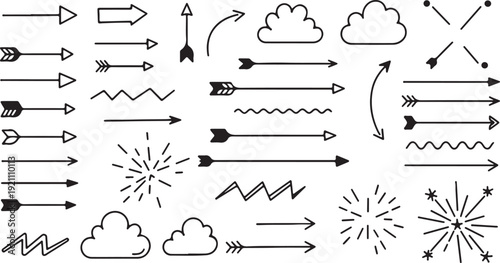 Hand drawn arrows and elements in simple doodle style with black and white color scheme on plain white background for graphic design