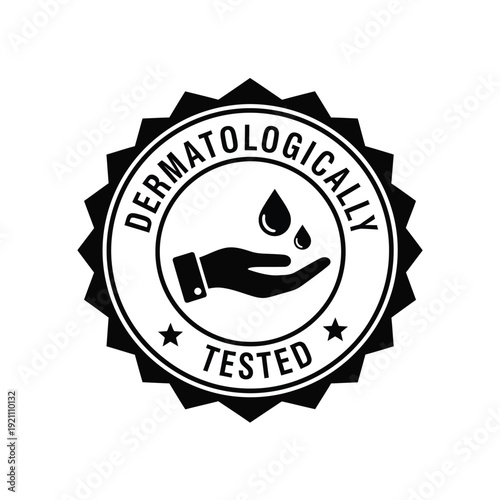 Vector illustration icon dermatologically tested black badge with hand and water drops