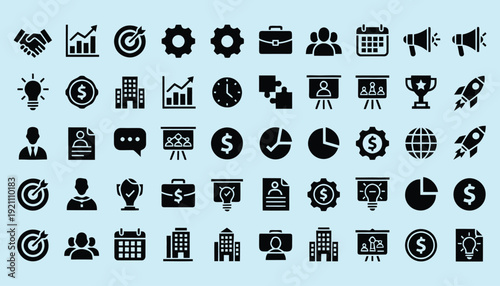 Set of modern black vector icons for web and business including phone, money, car, shopping, finance, calendar, network, and social media symbols