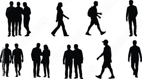 Black silhouettes of diverse people walking, talking in groups, and commuting with backpacks, set of male and female figures for lifestyle