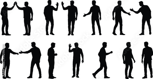 Black silhouettes of men shaking hands, giving high five, waving, and walking, set of male figures for business and friendship