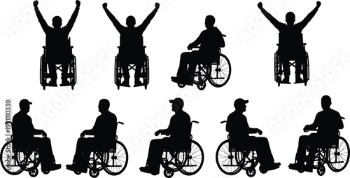 Wheelchair User Silhouette Set with Disabled Person Poses Black Vector Illustration Collection for Accessibility and Inclusion Design