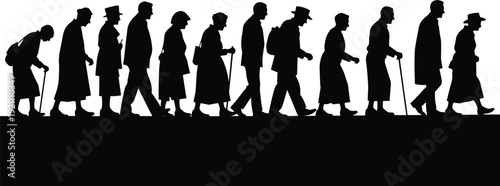 Silhouette of people walking in a line black