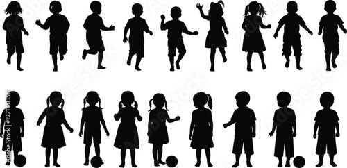 Black silhouettes of happy children running, jumping, waving, and playing with balls, set of school kids for childhood and education