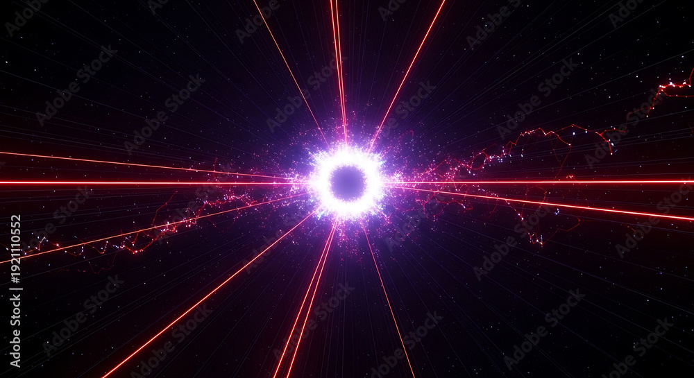 Fototapeta premium luminous energy core radiating red data streams and purple particles in a star-filled cosmic background illustrating advanced technology concepts