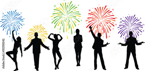 Silhouettes of people celebrating with colorful fireworks celebration