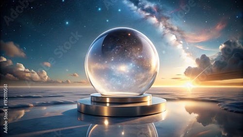 A Celestial Sphere Encapsulating a Galactic Nebula at Sunset Over a Frozen Expanse