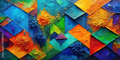 Vibrant Abstract Composition Featuring Geometric Shapes and Textured Paint Application in a Multitude of Bold Colors