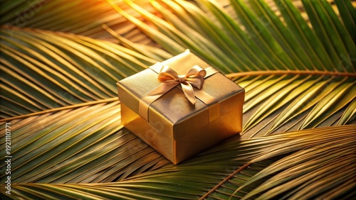 A Luxurious Golden Gift Box Rests Gently on Lush Palm Fronds Bathed in Warm Sunlight