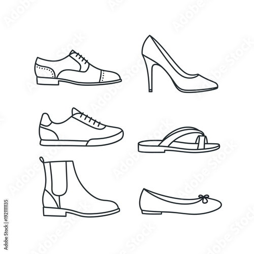 Line art illustration depicting various types of footwear and shoe styles