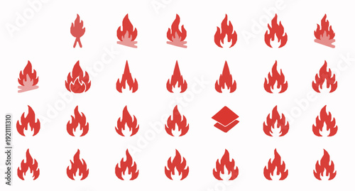 Fire Flame Icon Set Collection Flat Vector Symbols Isolated on White Background