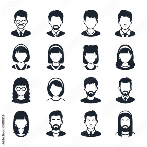 Collection of diverse black and white avatar icons featuring various hairstyles