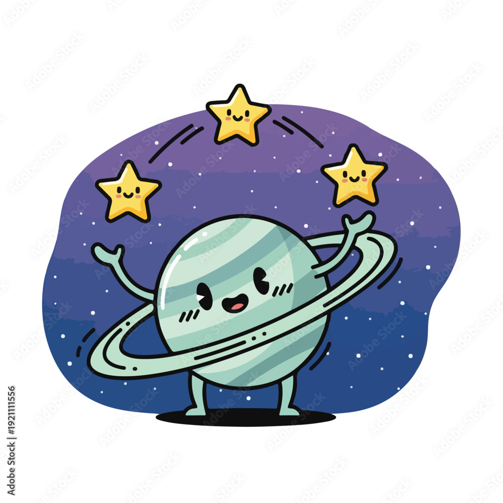 Fototapeta premium Adorable illustration of a planet juggling smiling stars in a starry night sky