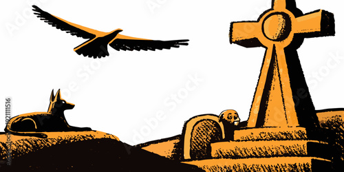 Ancient egyptian scene featuring an anubis cross skull and flying bird