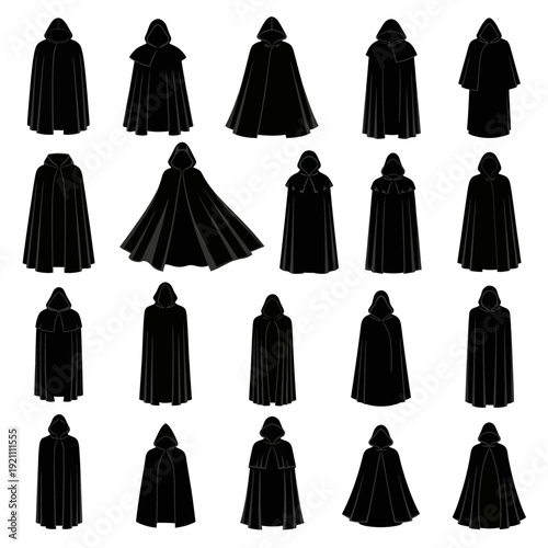 Collection of black hooded cloaks and capes in various styles