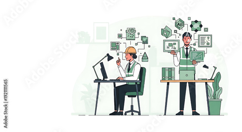 Engineers Collaborating with Artificial Intelligence for Data Analysis and Innovative Project Solutions