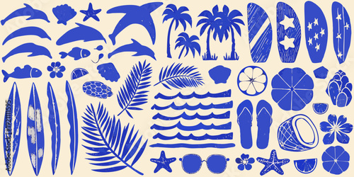 A collection of blue tropical illustrations including marine life and foliage