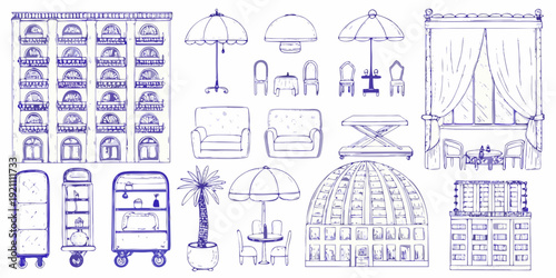 Vintage architectural sketches of furniture buildings and decorative elements