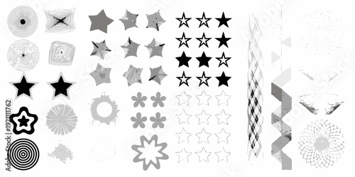 Collection of grayscale star and circular pattern illustrations on white
