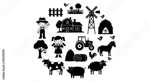Cute Rural Farm Silhouette Icons with Funny Kid Farmers Barn Animals and Tractor Black Vector Collection