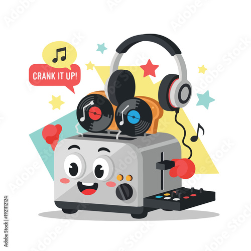 Animated cartoon toaster with records, headphones, and speech bubble