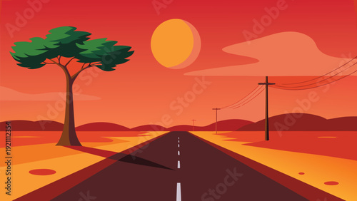 Desert highway at sunset with tree and power lines