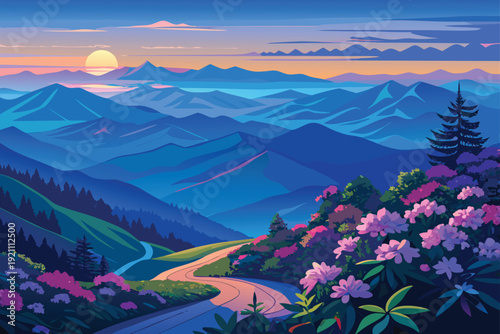 Serene mountain landscape with vibrant wildflowers at sunset