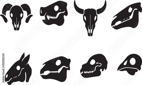 Vector set of  animal head porte silhouettes featuring a black cat, bear, and fish illustration collection for Halloween nature design