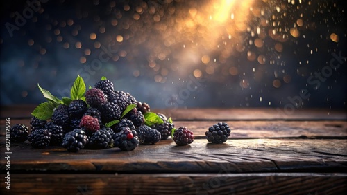 A Rustic Still Life Featuring a Bountiful Pile of Fresh Blackberries on a Weathered Wooden Table, Illuminated by a Soft Golden Light