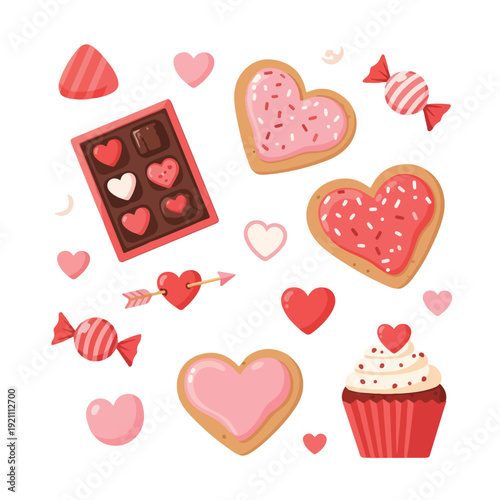 Assorted Valentine's Day treats on white background with hearts