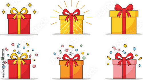 Colorful gift boxes set with red and yellow ribbons confetti stars and sparkles for birthday christmas holiday celebration surprise vector