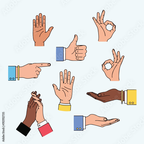 Assorted vector hands in various gestures with different skin tones