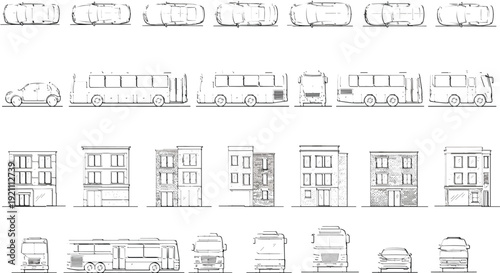 Urban transport and city buildings vector set, cars buses trucks and storefront architecture line art collection isolated