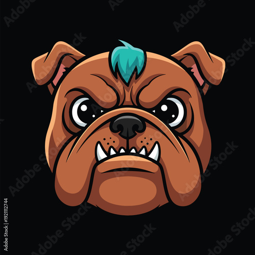 Fierce Brown Bulldog Head Illustration with Angry Expression and Blue Mohawk