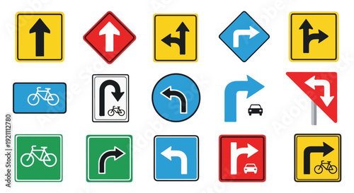 Assorted vector illustrations of road signs, various shapes and colors