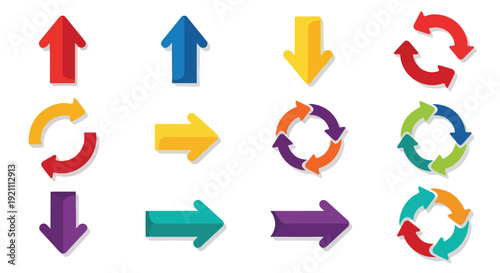 Assortment of colorful arrow icons depicting direction and cycles