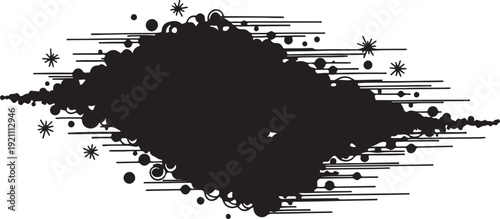Abstract black ink splatter with star shapes in grunge style on white background for graphic design