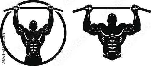 Strong bodybuilder silhouette doing pull ups on bar for gym logo fitness center emblem bodybuilding workout and athletic training vector