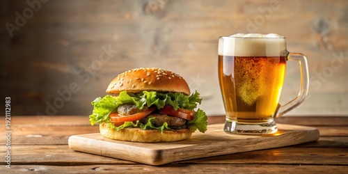 A delectable hamburger, nestled on a rustic wooden board, accompanied by a frosty glass of amber ale, creates a captivating culinary scene.