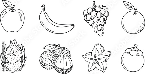 Vector line art set of tropical fruits including apple banana grape orange dragon fruit lychee star fruit and mangosteen icons